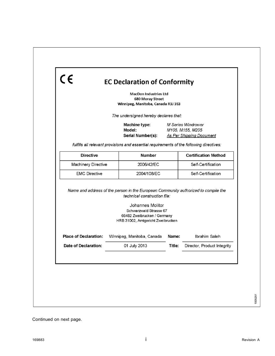 Declaration of conformity | MacDon M155 Operators Manual User Manual | Page 3 / 458