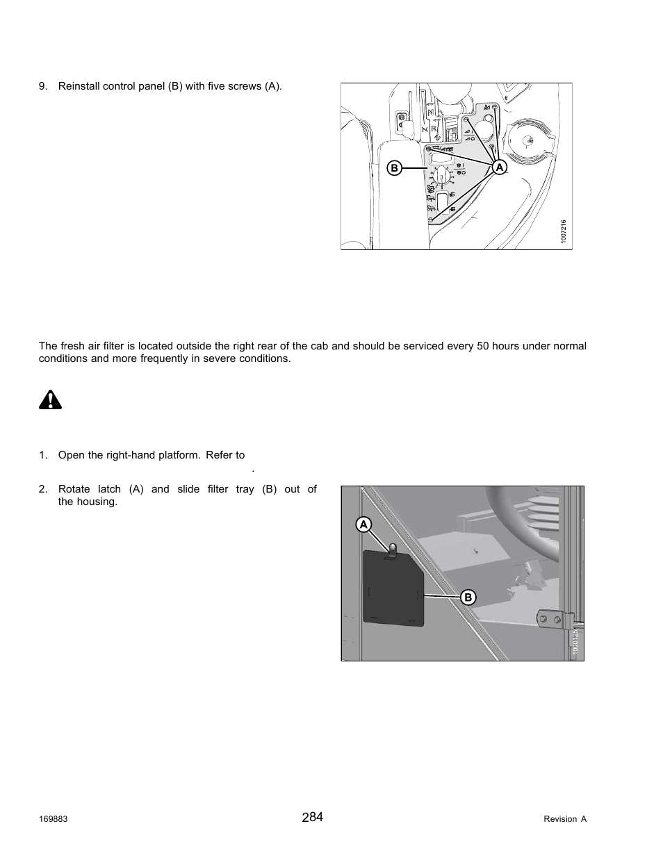 Fresh air intake filter, Removing fresh air filter, Danger | MacDon M155 Operators Manual User Manual | Page 300 / 458
