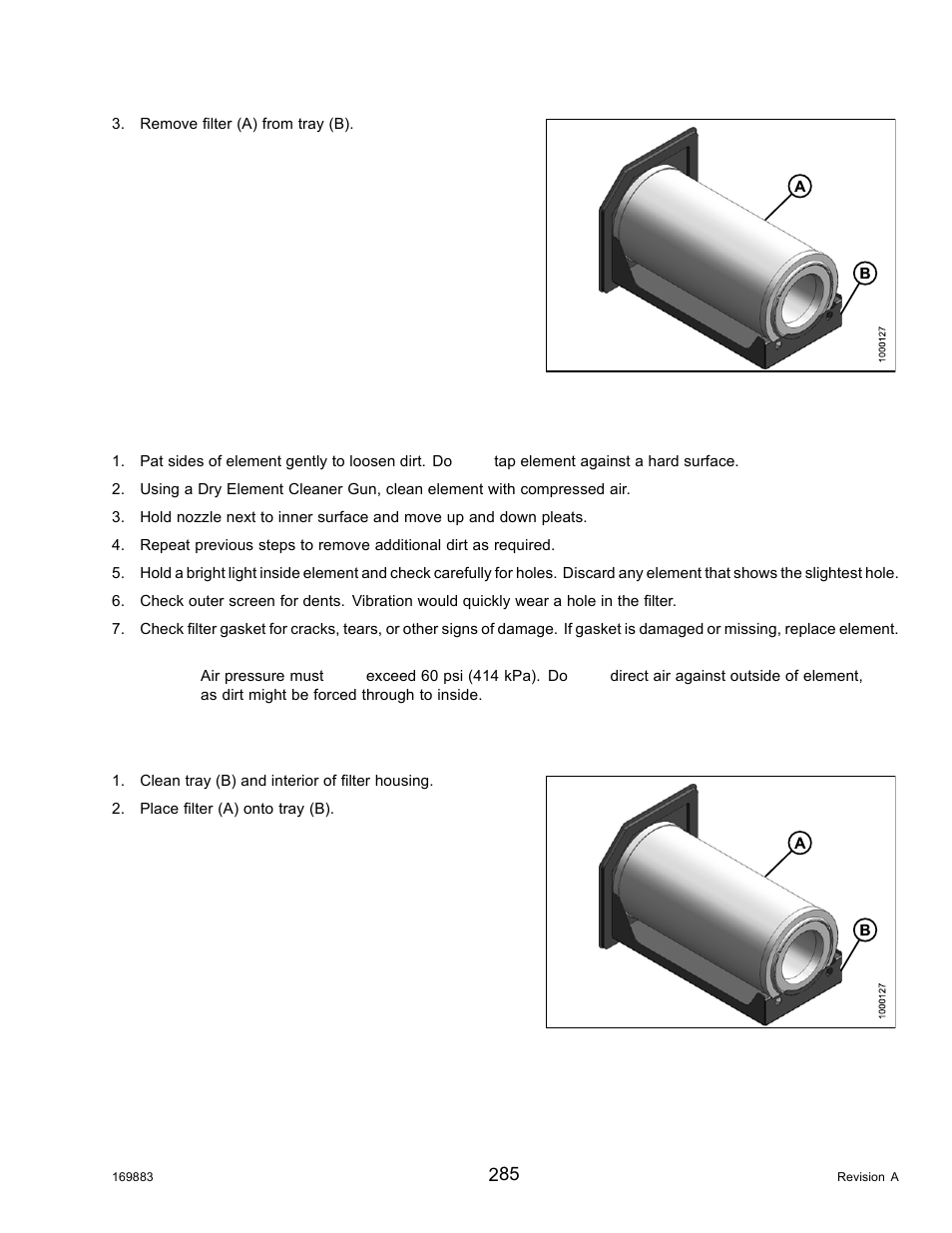 Inspecting and cleaning fresh air filter element, Installing fresh air filter | MacDon M155 Operators Manual User Manual | Page 301 / 458