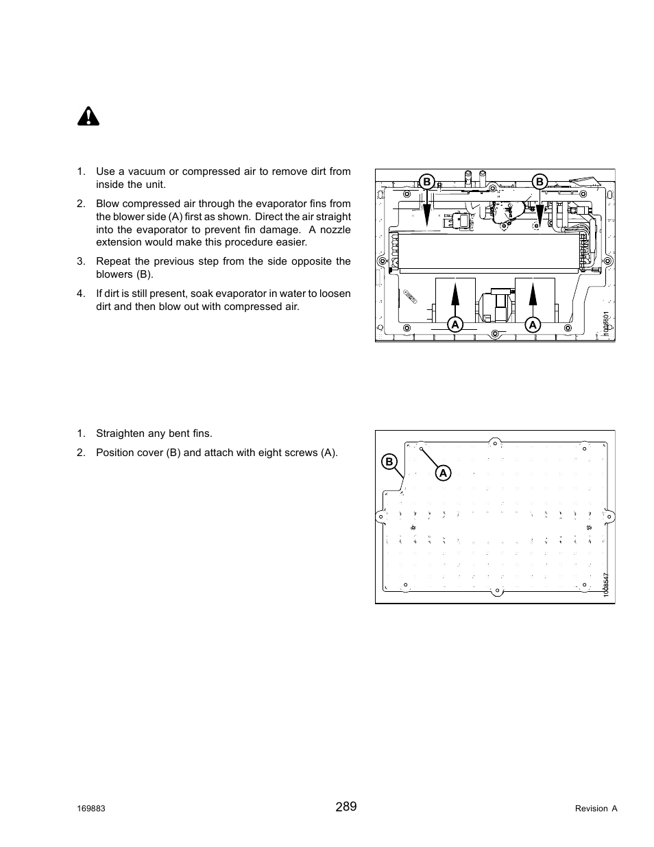 Cleaning air conditioning evaporator core, Installing air conditioning cover, Warning | MacDon M155 Operators Manual User Manual | Page 305 / 458