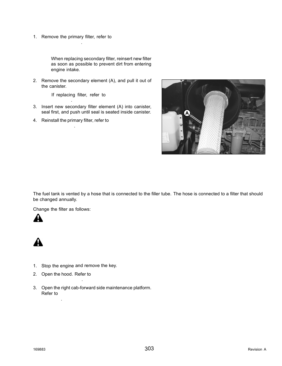 Fuel system, Removing and installing fuel tank vent filter, Danger | Warning | MacDon M155 Operators Manual User Manual | Page 319 / 458