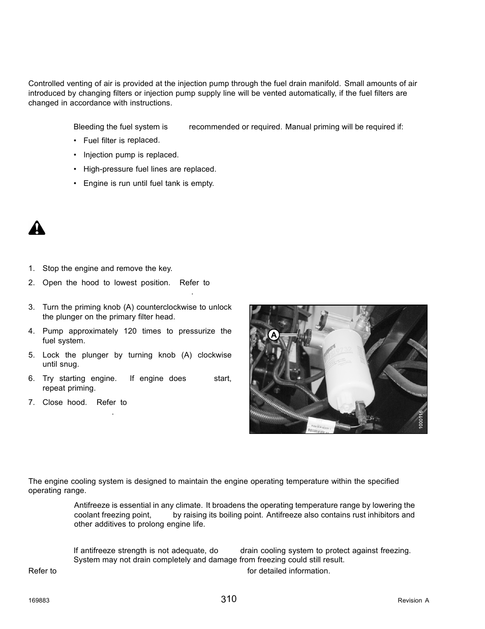 System priming, Priming fuel system, Engine cooling system | Warning | MacDon M155 Operators Manual User Manual | Page 326 / 458