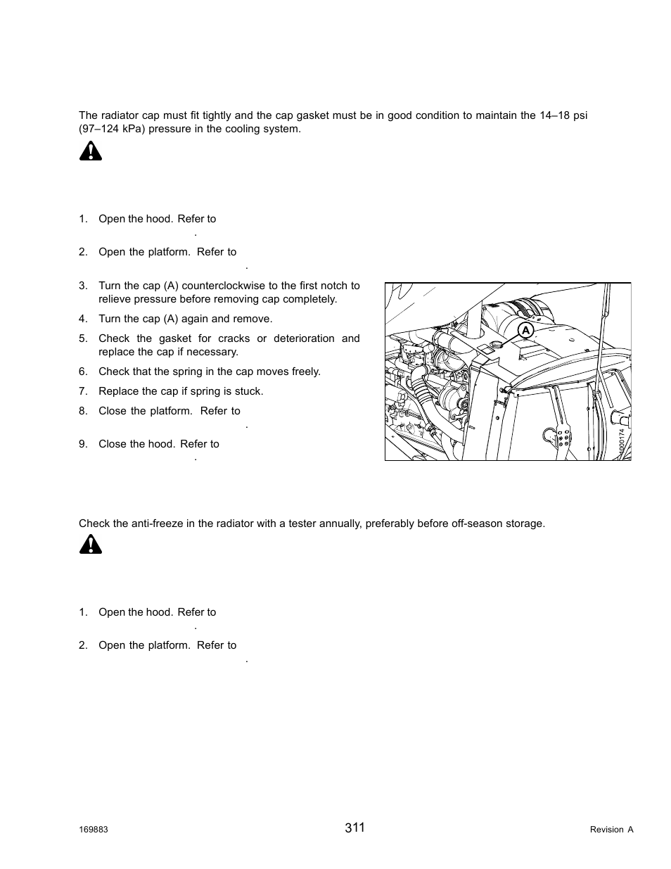 Inspecting radiator cap, Checking engine coolant strength, Caution | MacDon M155 Operators Manual User Manual | Page 327 / 458