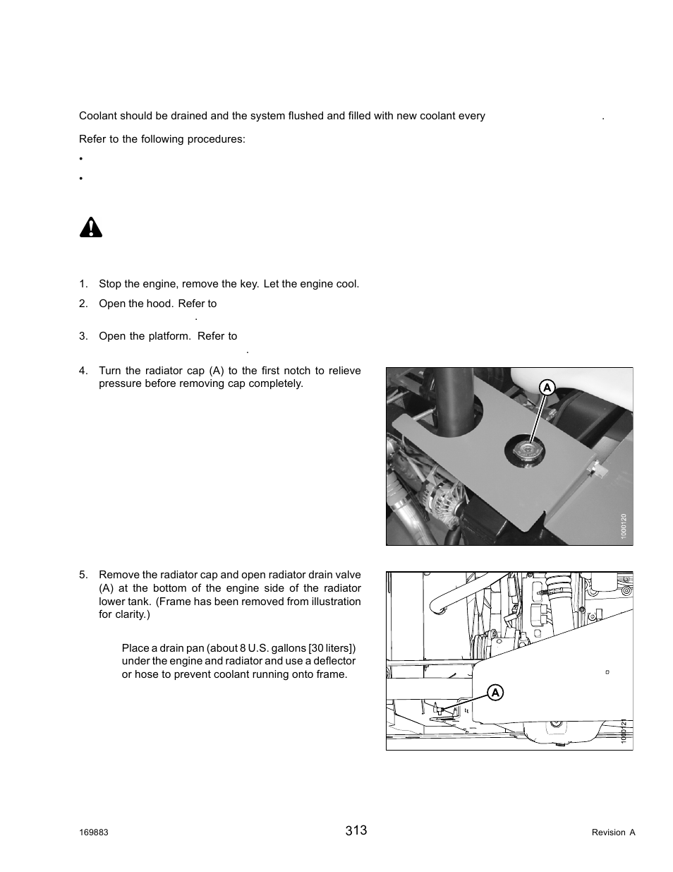 Changing coolant, Draining coolant, Warning | MacDon M155 Operators Manual User Manual | Page 329 / 458