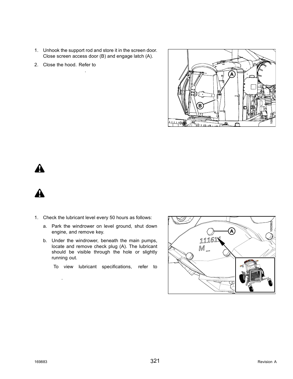 Closing cooler box screen, Gearbox, Checking lubricant level and adding lubricant | Closing cooler, Closing cooler box, Caution, Danger | MacDon M155 Operators Manual User Manual | Page 337 / 458