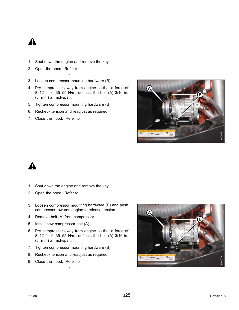 Tensioning a/c compressor belt, Replacing a/c compressor belt, Danger | MacDon M155 Operators Manual User Manual | Page 341 / 458