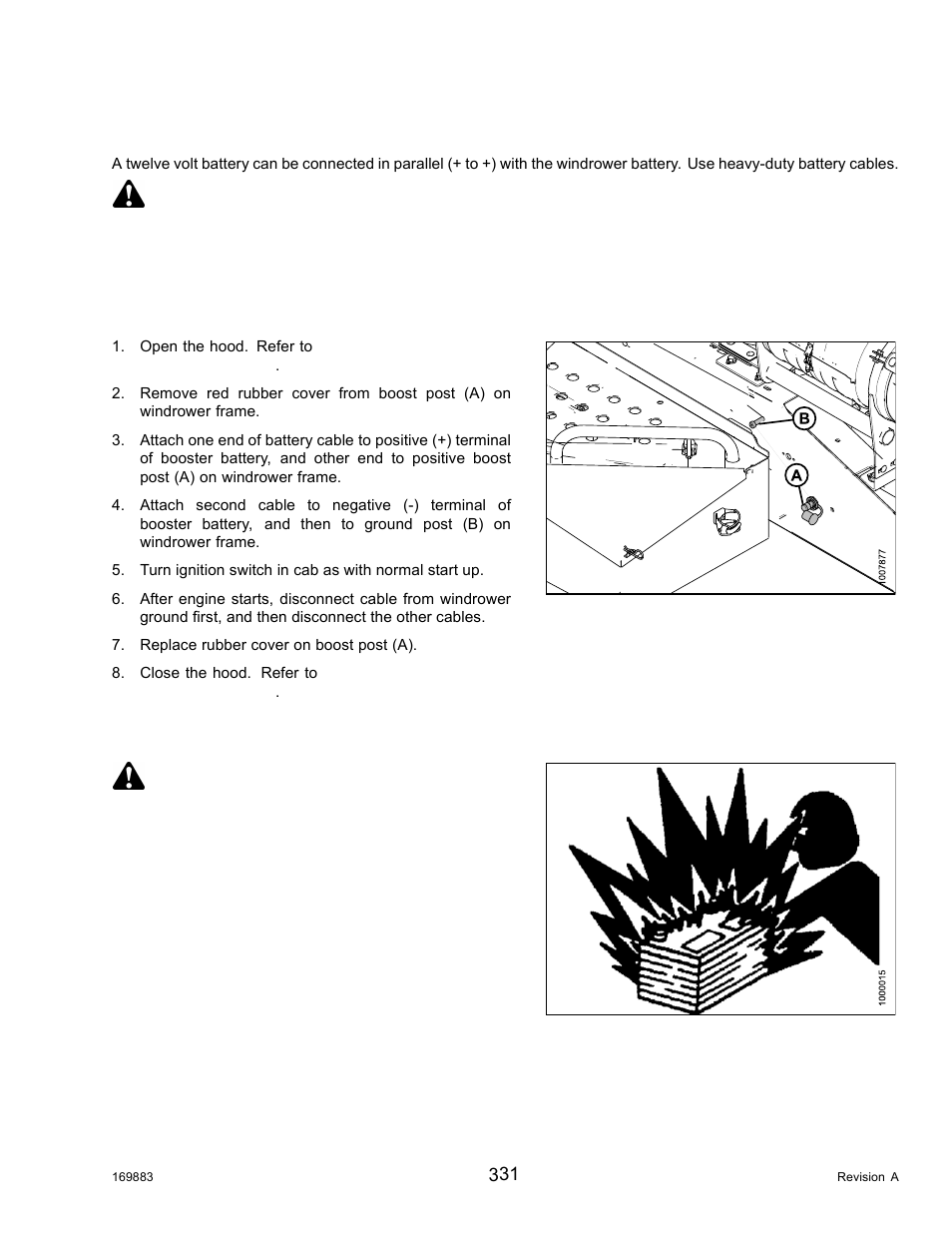Boosting the battery, Adding electrolyte to the battery, Caution | Warning | MacDon M155 Operators Manual User Manual | Page 347 / 458