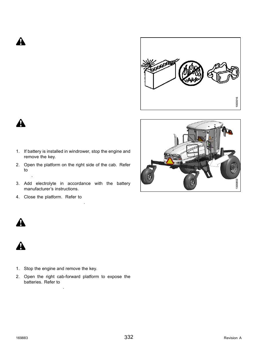 Removing batteries, Warning, Danger | Caution | MacDon M155 Operators Manual User Manual | Page 348 / 458