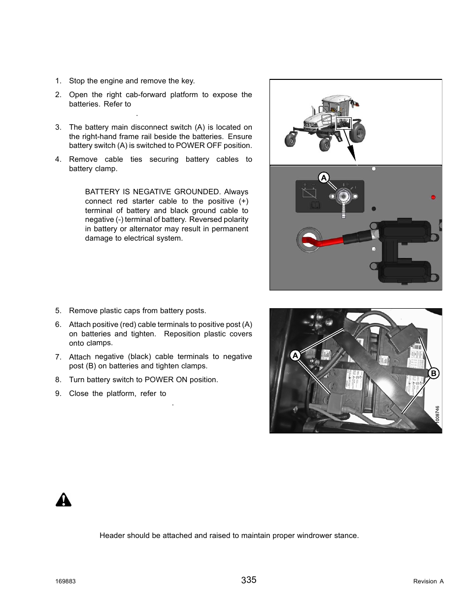 Connecting batteries, Headlights: engine-forward, Aligning headlights | Danger | MacDon M155 Operators Manual User Manual | Page 351 / 458