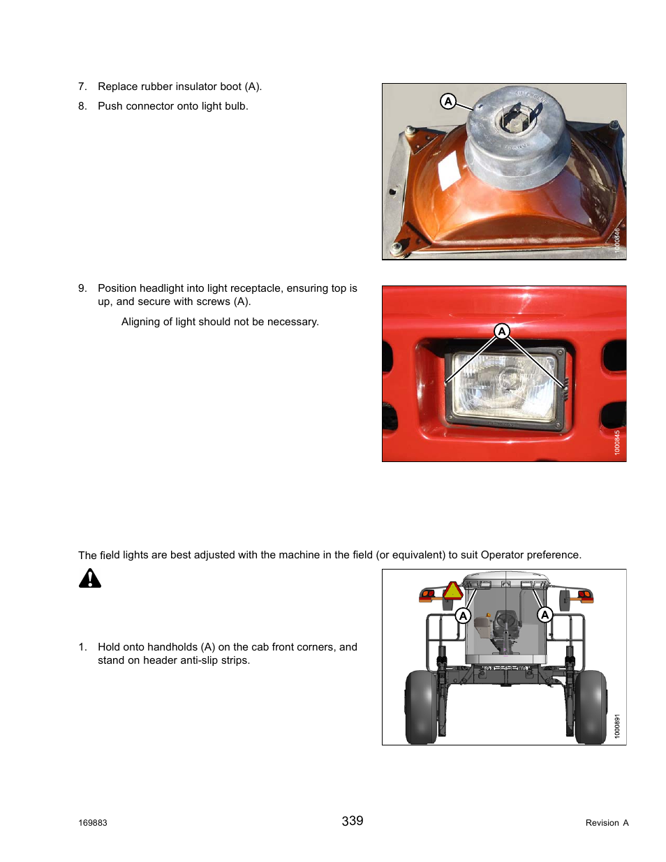 Field lights: cab-forward, Adjusting field lights, Danger | MacDon M155 Operators Manual User Manual | Page 355 / 458