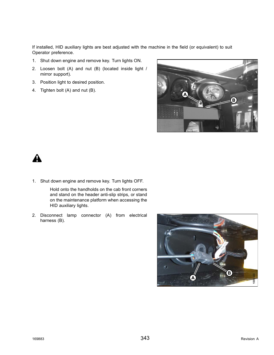 Adjusting hid auxiliary lights (if installed), Replacing hid lamp (if installed), Danger | MacDon M155 Operators Manual User Manual | Page 359 / 458