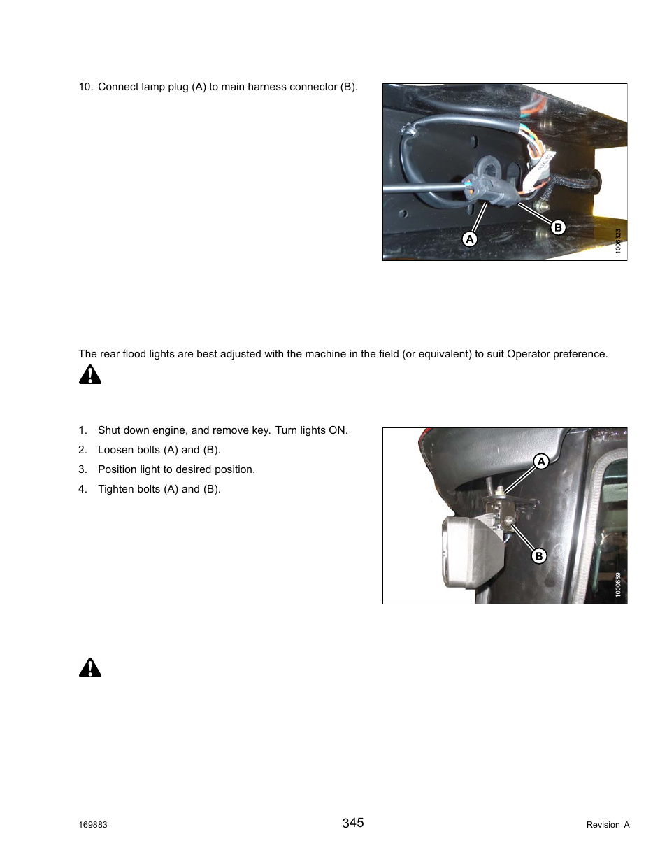 Flood lights: rear, Adjusting rear flood lights, Replacing bulb in rear flood light | Danger | MacDon M155 Operators Manual User Manual | Page 361 / 458