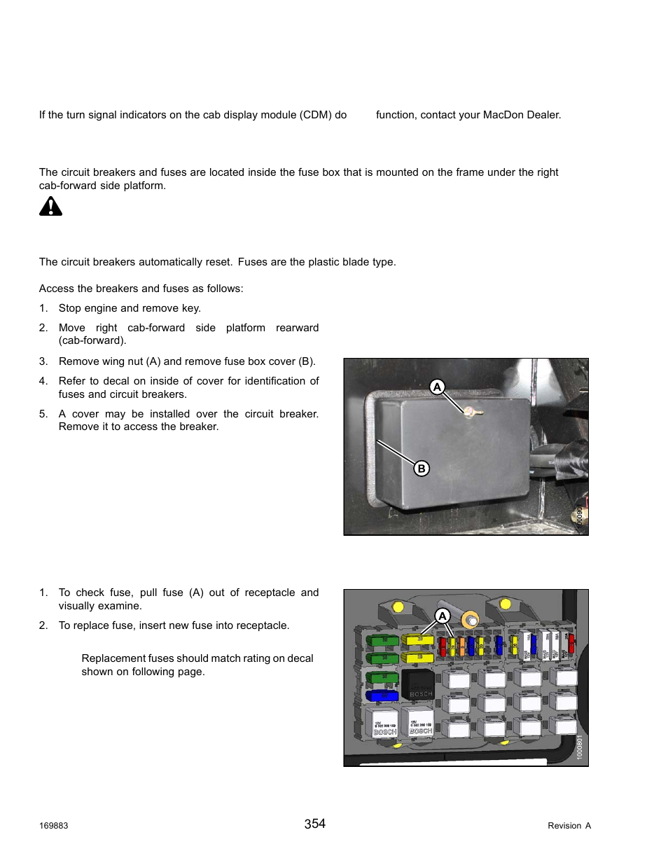 Turn signal indicators, Circuit breakers and fuses, Checking and replacing fuses | Turn signal indicators circuit breakers and fuses, Danger | MacDon M155 Operators Manual User Manual | Page 370 / 458