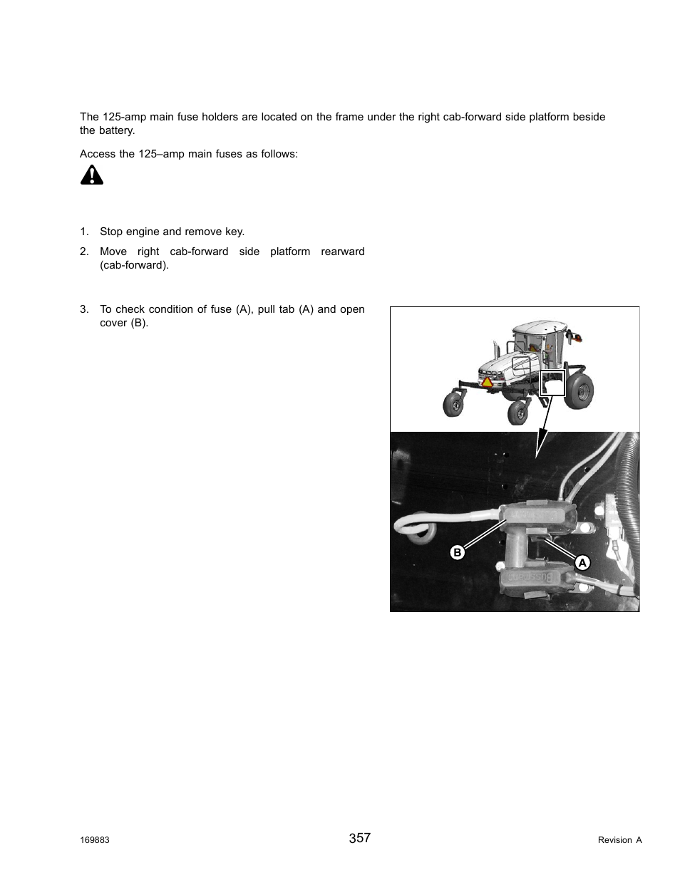 Inspecting and replacing 125-amp main fuses, Danger | MacDon M155 Operators Manual User Manual | Page 373 / 458