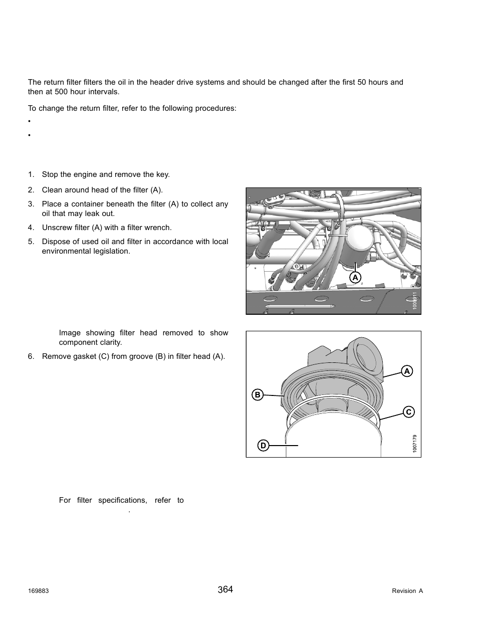 Return filter, Removing return filter, Installing return filter | MacDon M155 Operators Manual User Manual | Page 380 / 458