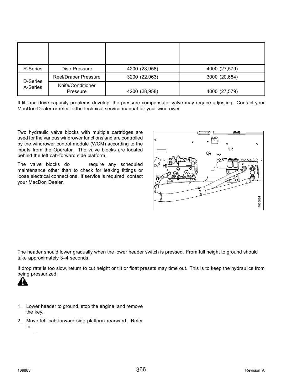 Flow control blocks, Adjusting header drop rate, Table 5.19 header hydraulic pressures | 19 header hydraulic pressures, Danger | MacDon M155 Operators Manual User Manual | Page 382 / 458