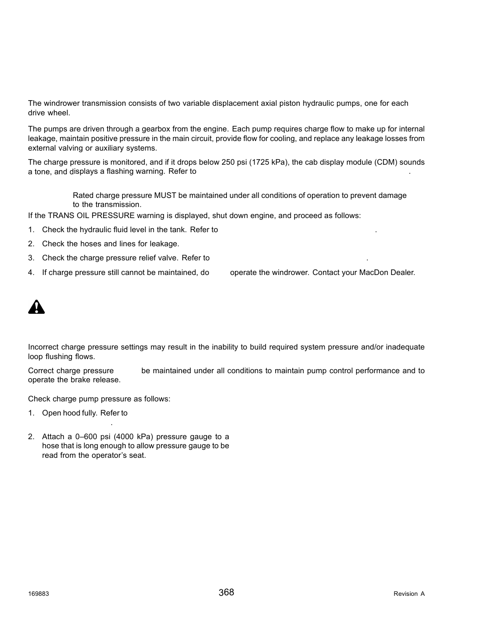 Traction drive hydraulics, Transmission oil pressure, Checking charge pump pressure | Danger | MacDon M155 Operators Manual User Manual | Page 384 / 458