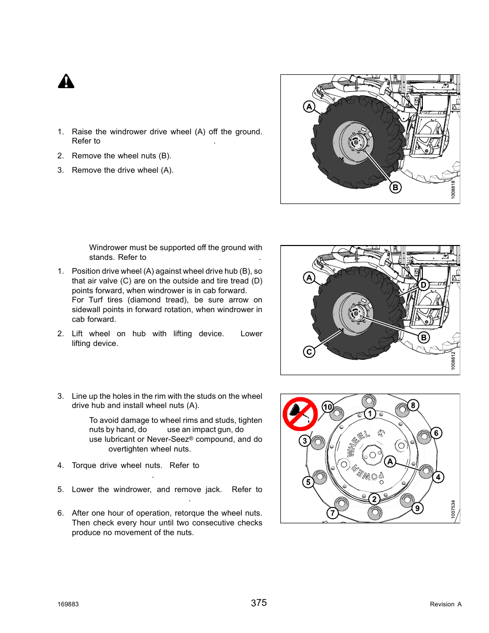 Removing drive wheel, Installing drive wheel, Caution | MacDon M155 Operators Manual User Manual | Page 391 / 458