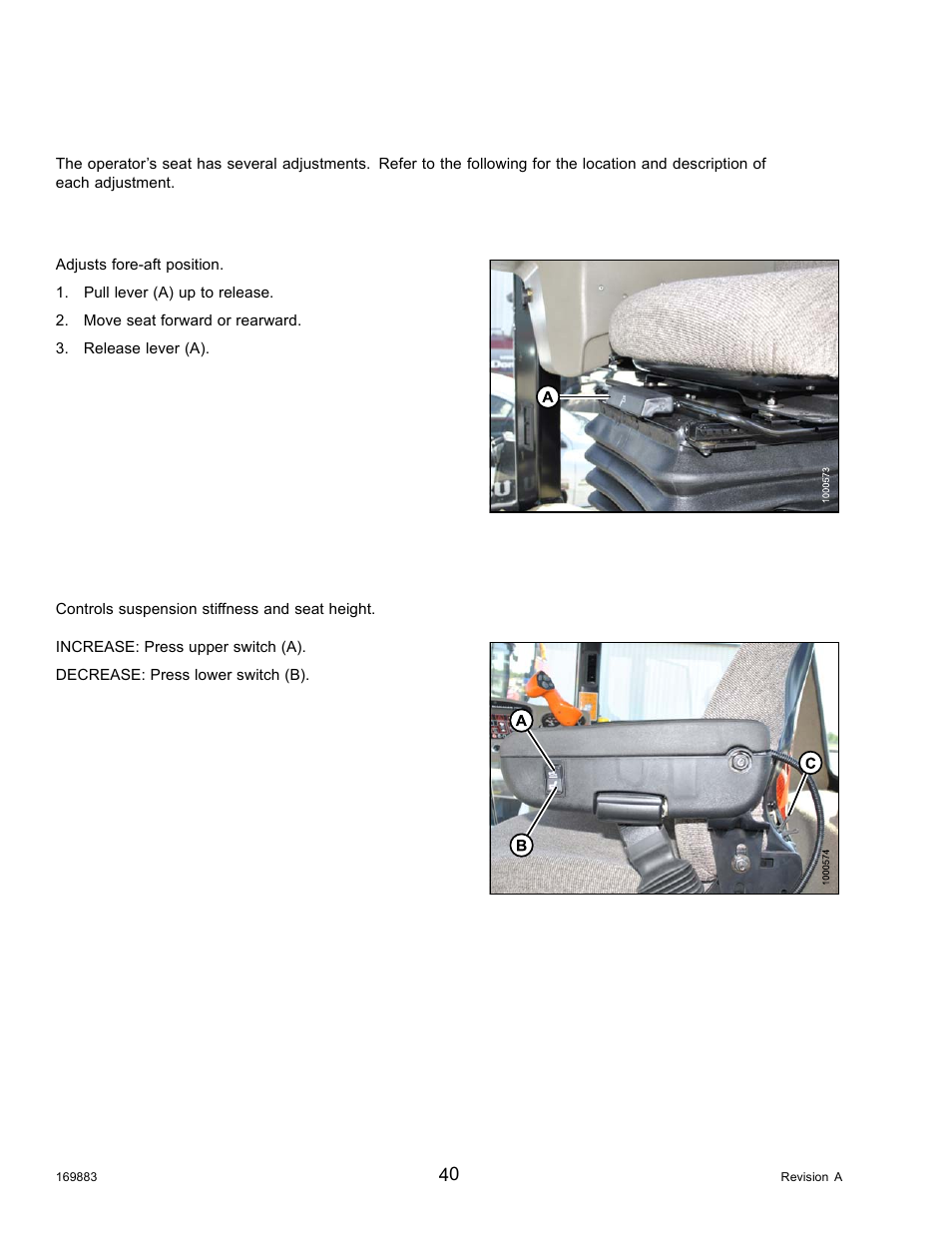 3operator’s seat adjustments, 1fore-aft, 2seat suspension and height | Operator’s seat adjustments, Fore-aft, Seat suspension and height, 3 operator’s seat adjustments, 1 fore-aft, 2 seat suspension and height | MacDon M155 Operators Manual User Manual | Page 56 / 458