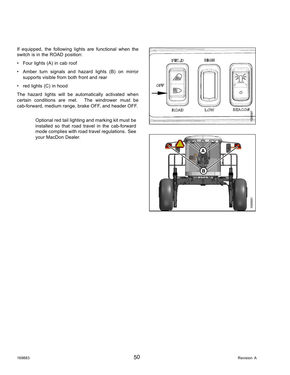 3cab-forward lighting: road (optional), Cab-forward lighting: road (optional), 3 cab-forward lighting: road (optional) | MacDon M155 Operators Manual User Manual | Page 66 / 458