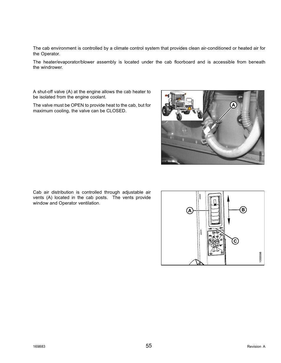 10cab temperature, 1heater shut-off, 2air distribution | Cab temperature, Heater shut-off, Air distribution, 10 cab temperature, 1 heater shut-off, 2 air distribution | MacDon M155 Operators Manual User Manual | Page 71 / 458