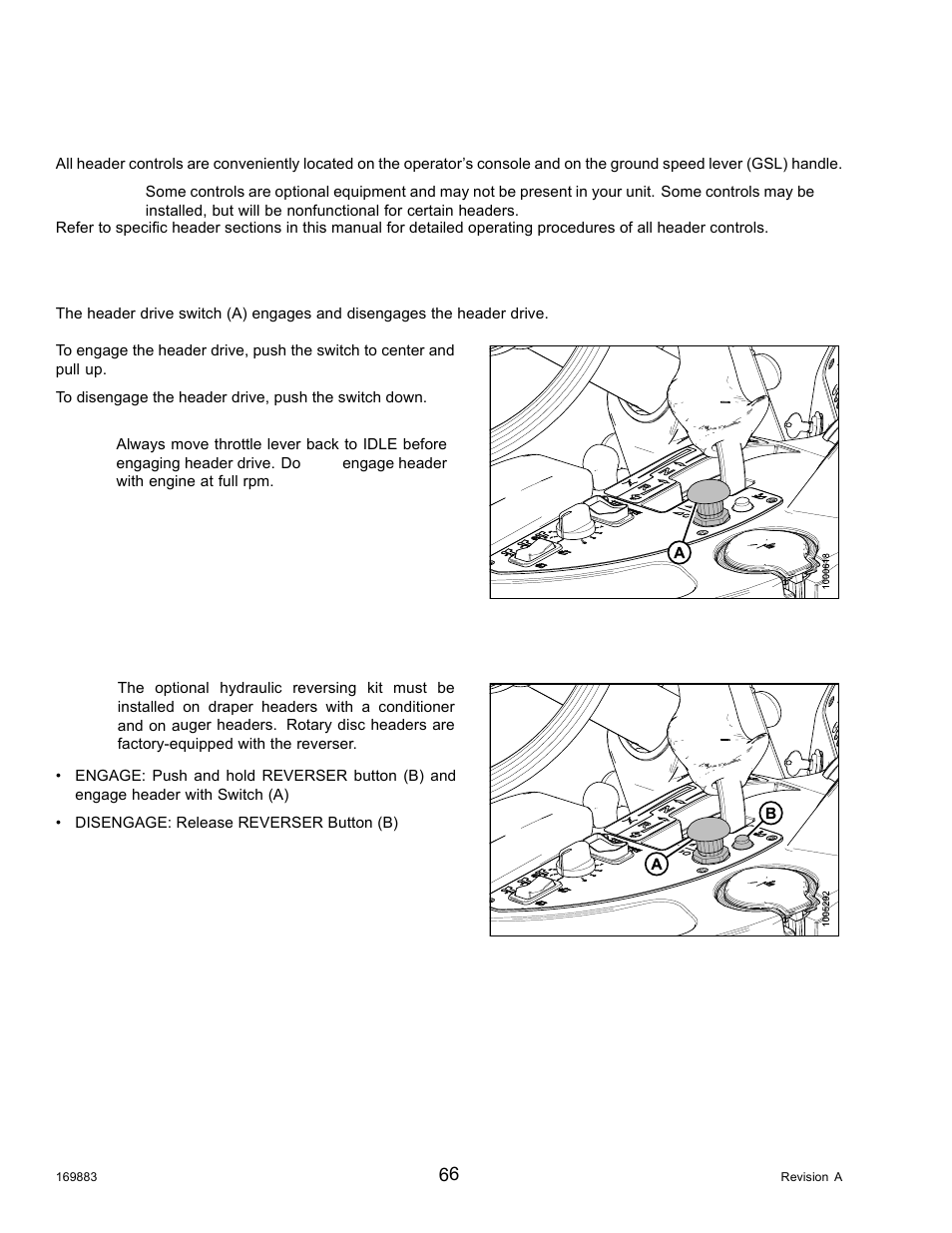 17header controls, 1header drive switch, 2header drive reverse button | Header controls, Header drive switch, Header drive reverse button, 17 header controls, 1 header drive switch, 2 header drive reverse button | MacDon M155 Operators Manual User Manual | Page 82 / 458