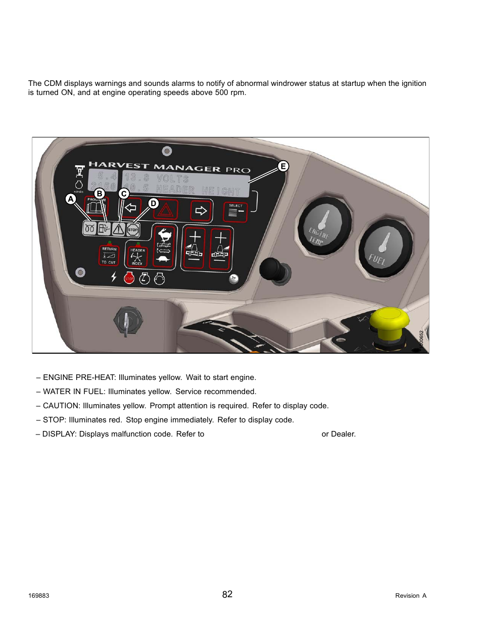 4cab display module (cdm) warning/alarms, Engine warning lights, Cab display module (cdm) warning/alarms | 4 cab display module (cdm) warning/alarms | MacDon M155 Operators Manual User Manual | Page 98 / 458