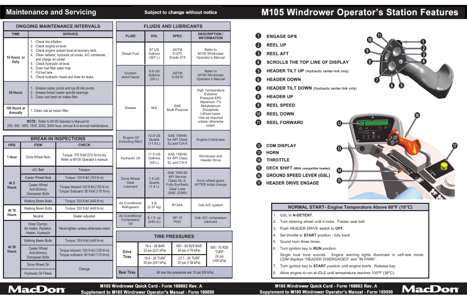 MacDon M105 Quick Card User Manual | 2 pages
