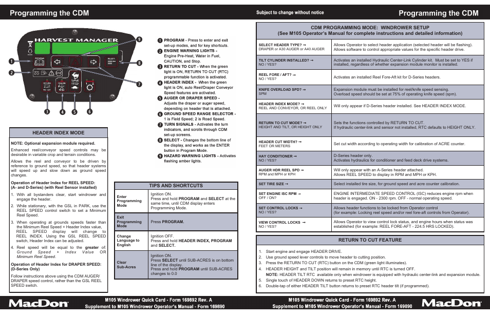 MacDon M105 Quick Card User Manual | Page 2 / 2