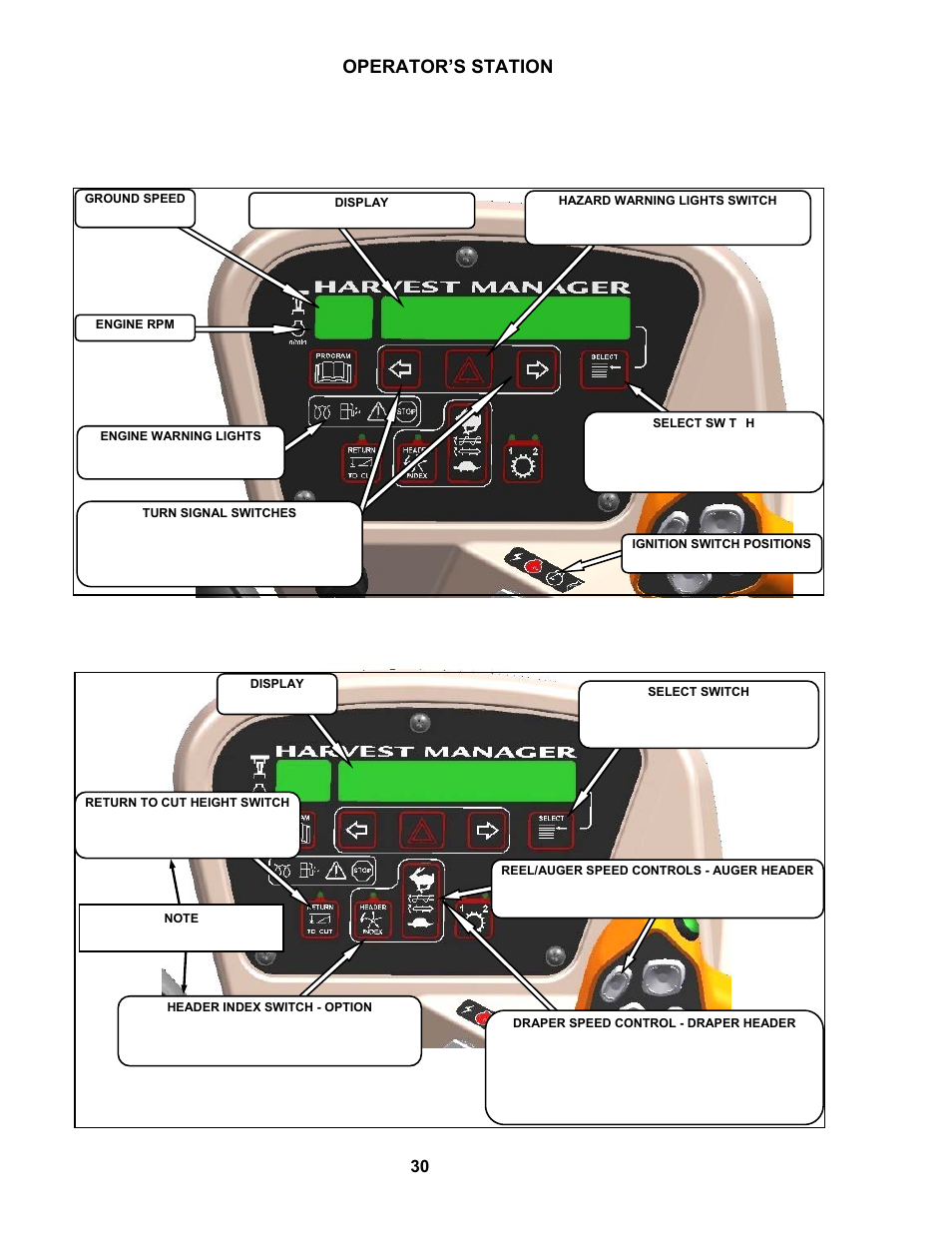 Operator’s station, 18 cab display module (cdm), 1 engine and windrower functions | 2 header functions | MacDon M100 SP Operators Manual User Manual | Page 32 / 193