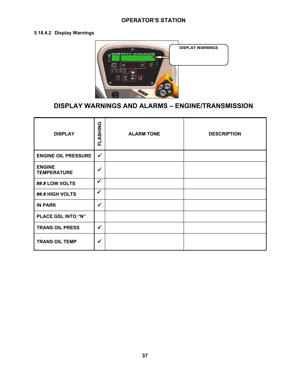 Display warnings and alarms – engine/transmission | MacDon M100 SP Operators Manual User Manual | Page 39 / 193