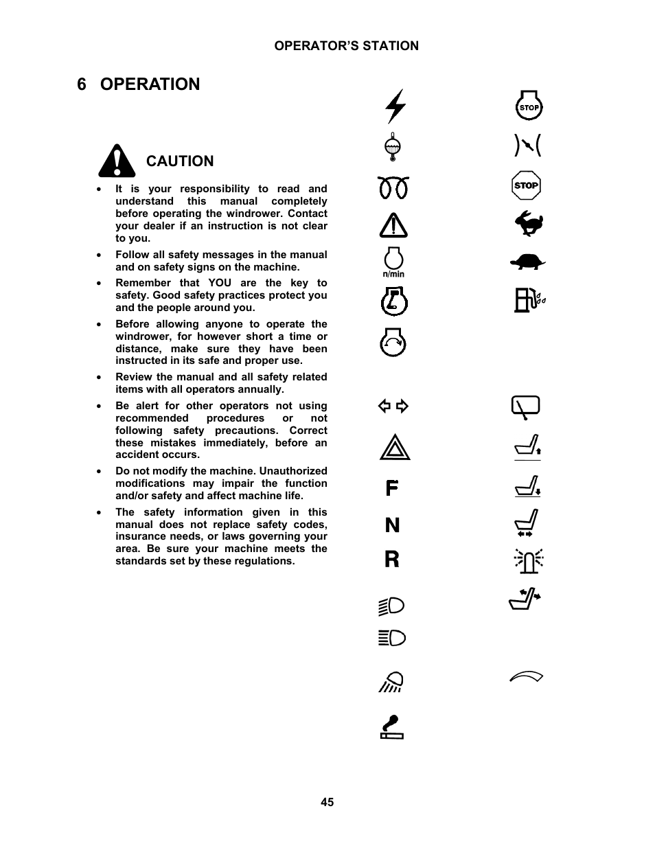 6 operation, Caution, Operator’s station | 1 owner/operator responsibilities, 2 symbol definitions | MacDon M100 SP Operators Manual User Manual | Page 47 / 193