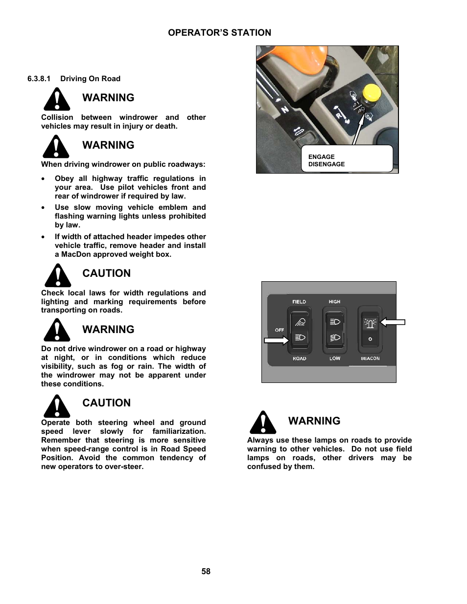 Warning, Caution | MacDon M100 SP Operators Manual User Manual | Page 60 / 193