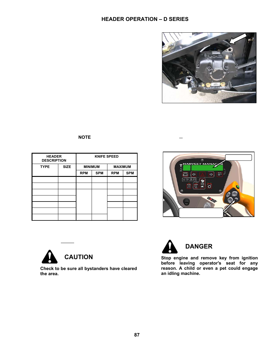 Caution, Danger, Header operation – d series | MacDon M100 SP Operators Manual User Manual | Page 89 / 193
