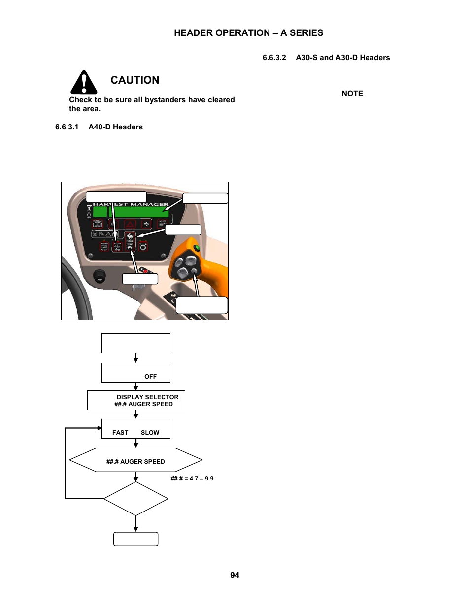 Caution, Header operation – a series, 3 auger speed | MacDon M100 SP Operators Manual User Manual | Page 96 / 193