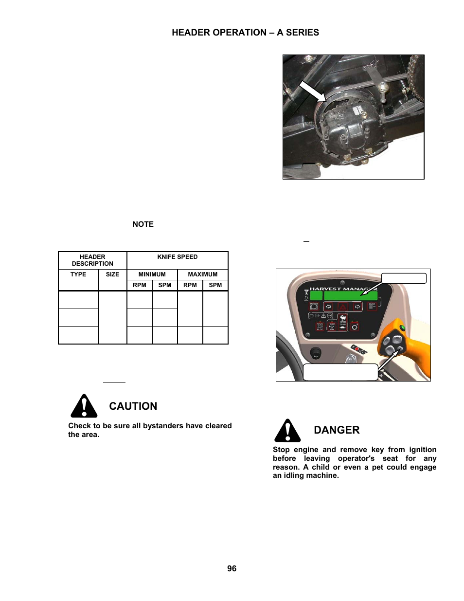 Caution, Danger, Header operation – a series | MacDon M100 SP Operators Manual User Manual | Page 98 / 193