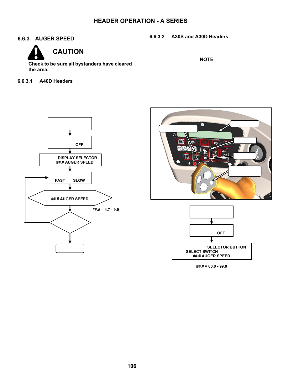 Caution, Header operation - a series, 3 auger speed | MacDon M150 SP User Manual | Page 108 / 234