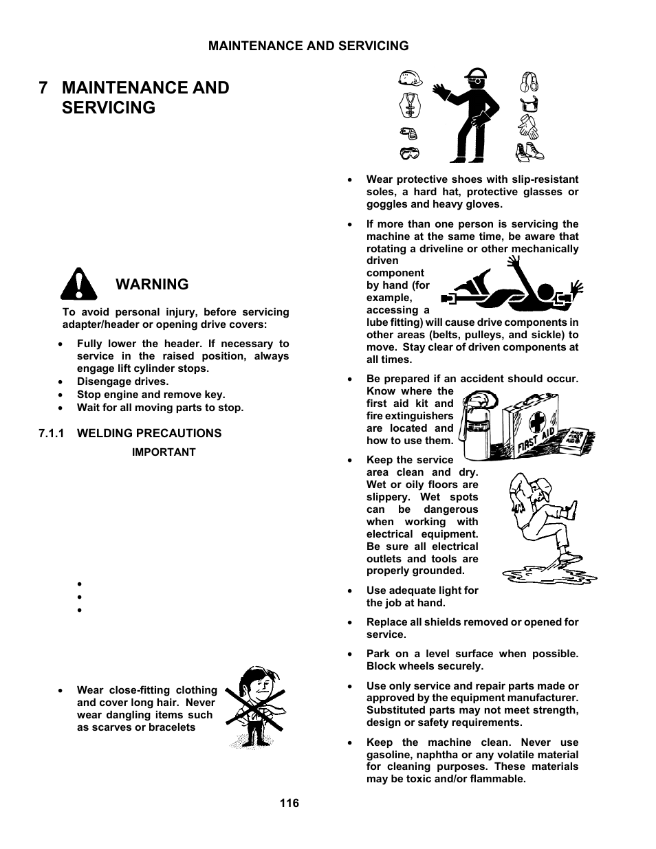 7 maintenance and servicing, Warning | MacDon M150 SP User Manual | Page 118 / 234