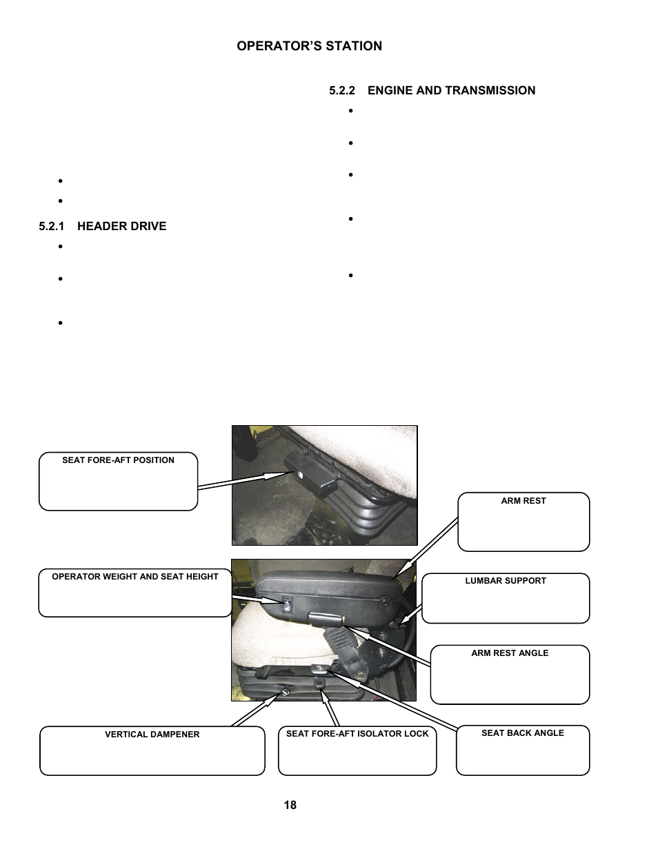 Operator’s station, 2 operator presence, 3 seat adjustments | MacDon M150 SP User Manual | Page 20 / 234