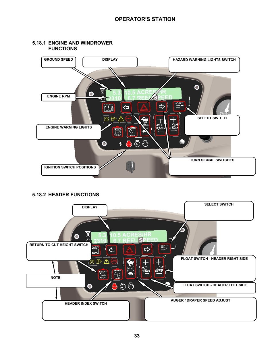 Operator’s station, 18 cab display module (cdm), 1 engine and windrower functions | 2 header functions | MacDon M150 SP User Manual | Page 35 / 234