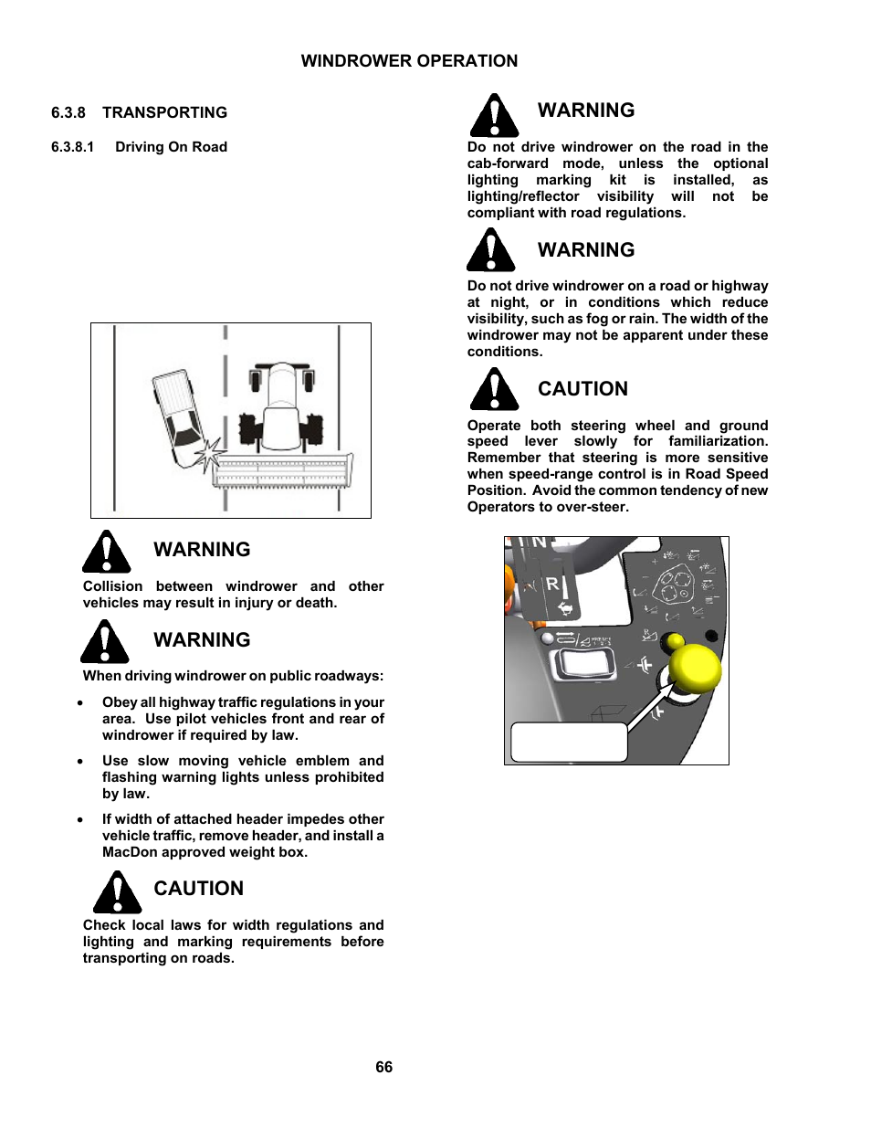 Warning, Caution | MacDon M150 SP User Manual | Page 68 / 234