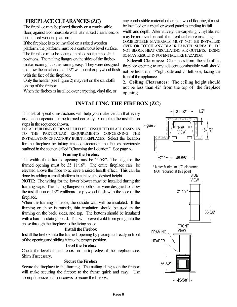 Fireplace clearances (zc), Installing the firebox (zc) | New Buck Corporation 42 User Manual | Page 10 / 52