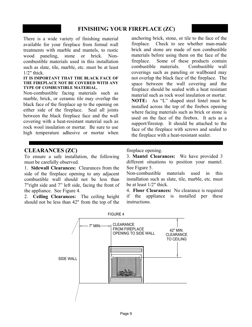 Finishing your fireplace (zc), Clearances (zc) | New Buck Corporation 42 User Manual | Page 11 / 52