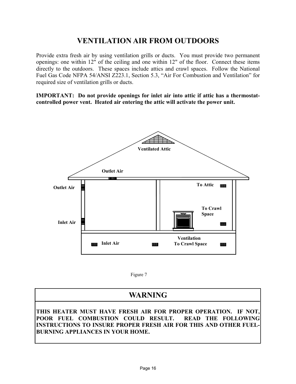 Ventilation air from outdoors, Warning | New Buck Corporation 42 User Manual | Page 18 / 52