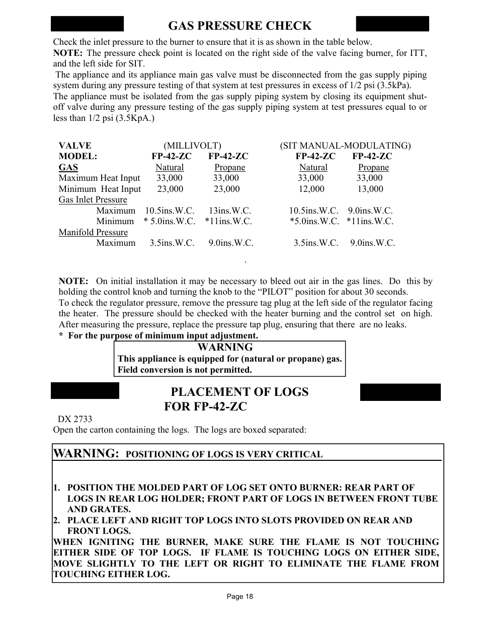 Placement of logs for fp-42-zc, Warning, Gas pressure check | New Buck Corporation 42 User Manual | Page 20 / 52