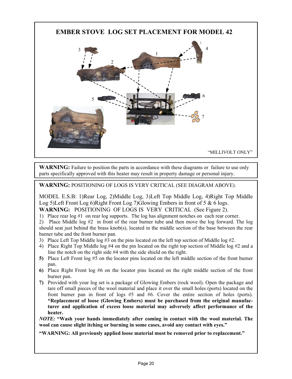 Ember stove log set placement for model 42 | New Buck Corporation 42 User Manual | Page 22 / 52