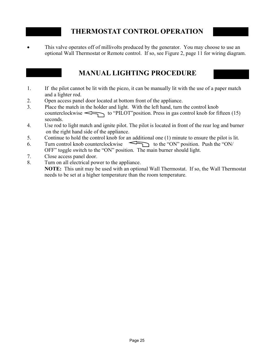 Thermostat control operation, Manual lighting procedure | New Buck Corporation 42 User Manual | Page 27 / 52