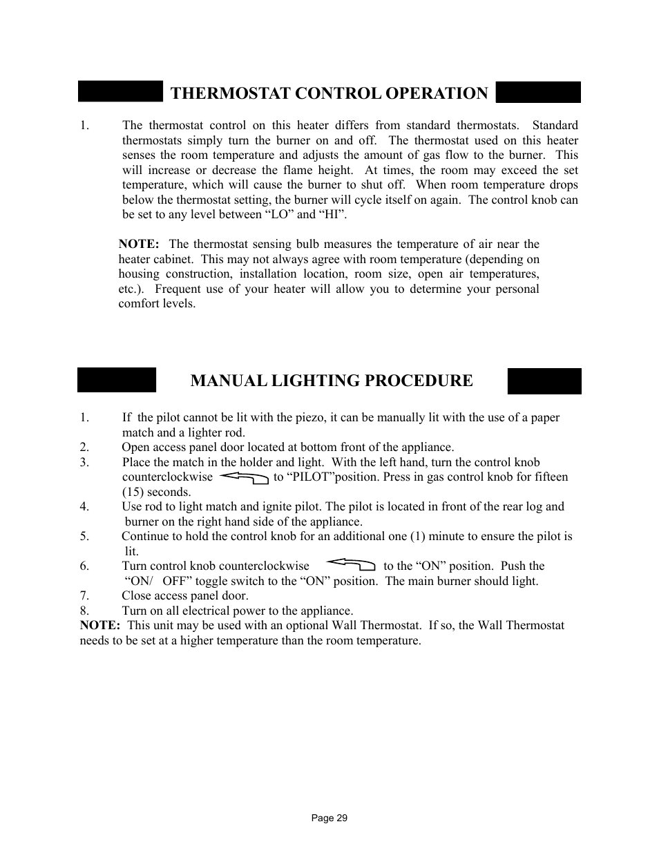 Thermostat control operation, Manual lighting procedure | New Buck Corporation 42 User Manual | Page 31 / 52