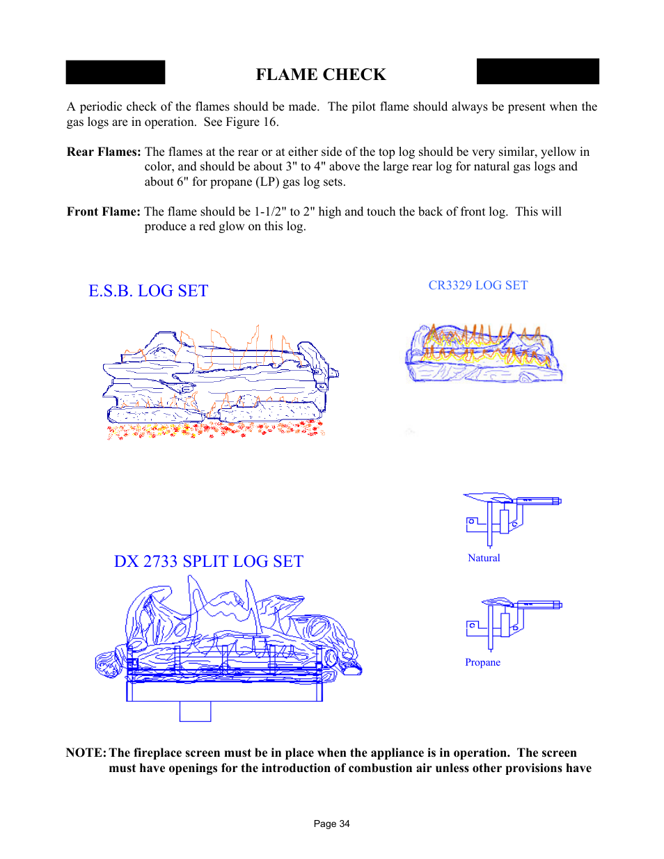 Flame check, E.s.b. log set, Dx 2733 split log set | New Buck Corporation 42 User Manual | Page 36 / 52