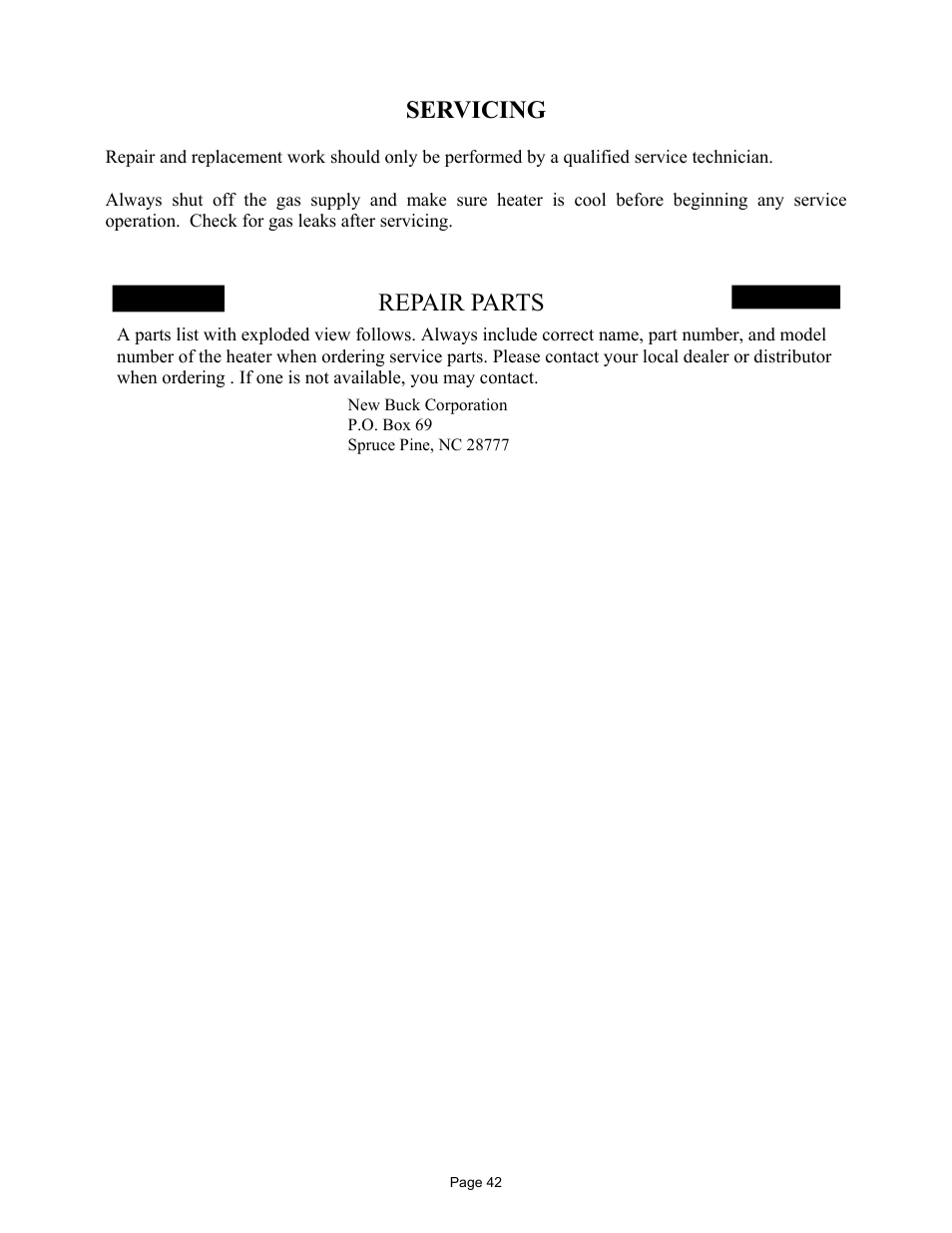 Servicing, Repair parts | New Buck Corporation 42 User Manual | Page 44 / 52